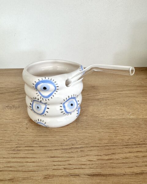 Mug avec paille artisanal en céramique - Œil Nazar